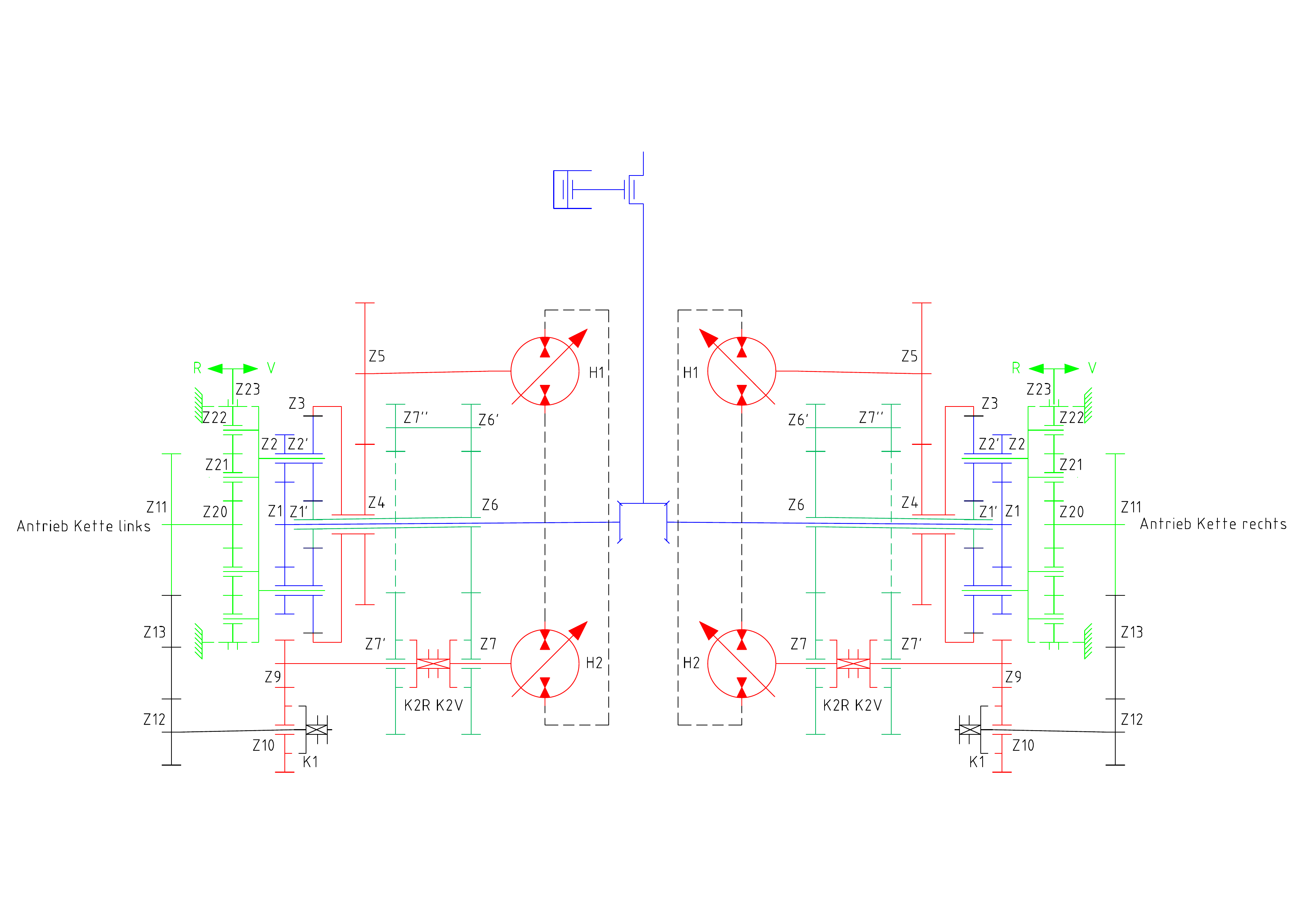 Dual-CVT gearplan schematic showing mirrored left/right track drive modules with hydrostatic units H1/H2