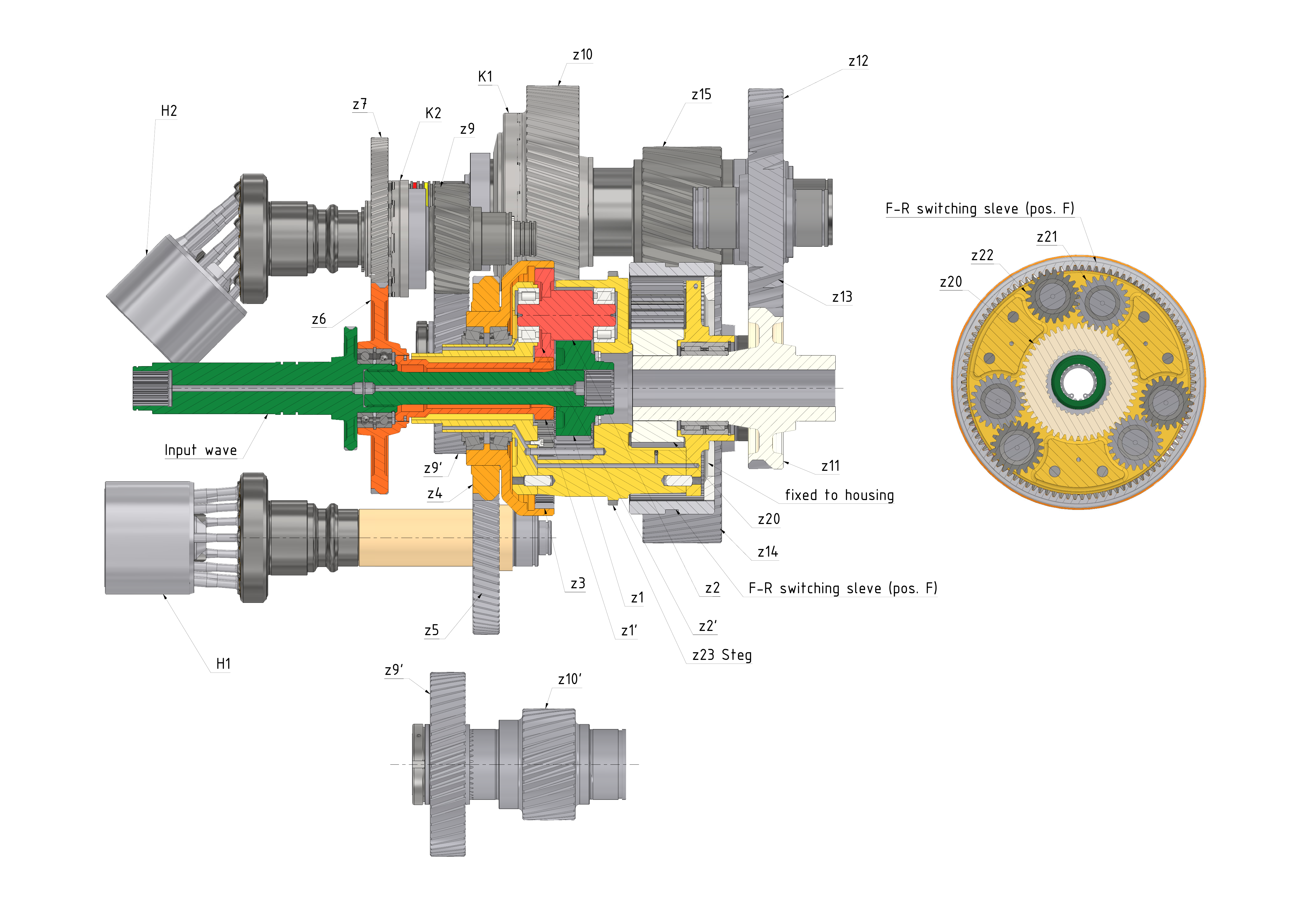 WSG transmission technical cross-section with labeled gear trains, planetary stages, and F-R switching mechanism